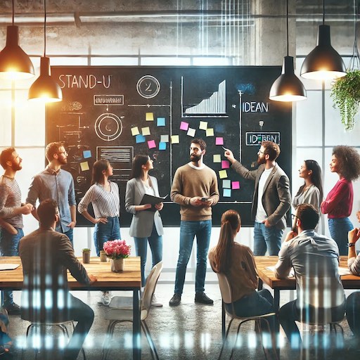 Agiles Team bei einem Stand-up-Meeting: Eine diverse Gruppe von Menschen unterschiedlicher Altersgruppen und Ethnien diskutiert lebhaft vor einem Whiteboard in einem modernen, lichtdurchfluteten Büro.